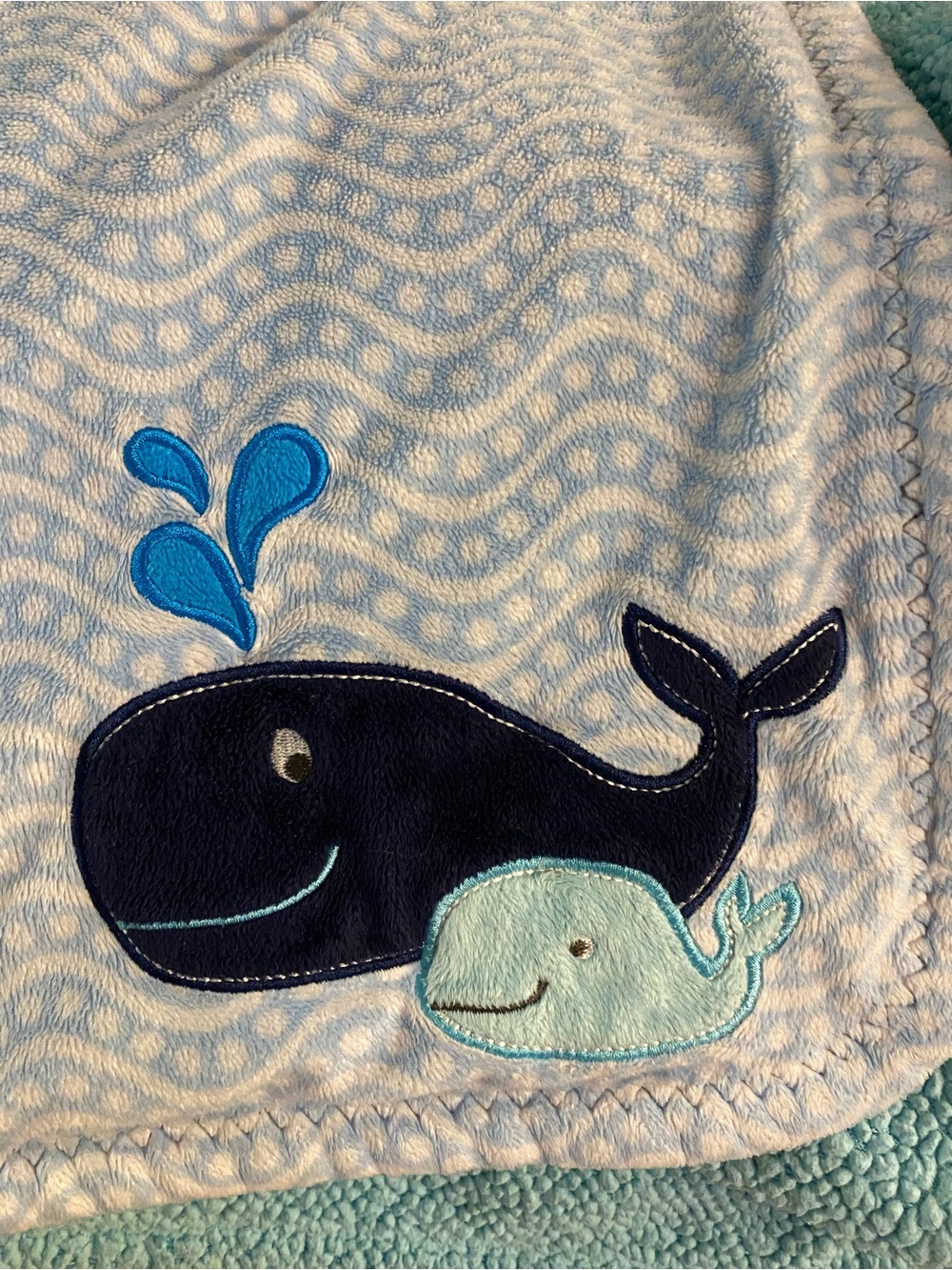 Carter's Whale Applique Baby Blanket blue used loved